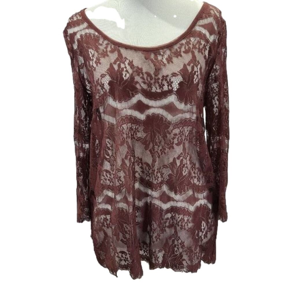 Fossil Maroon Lace top Shirt fringe bottom hem - Picture 1 of 8